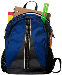 blue backpack filled with notebooks, ruler, pencils