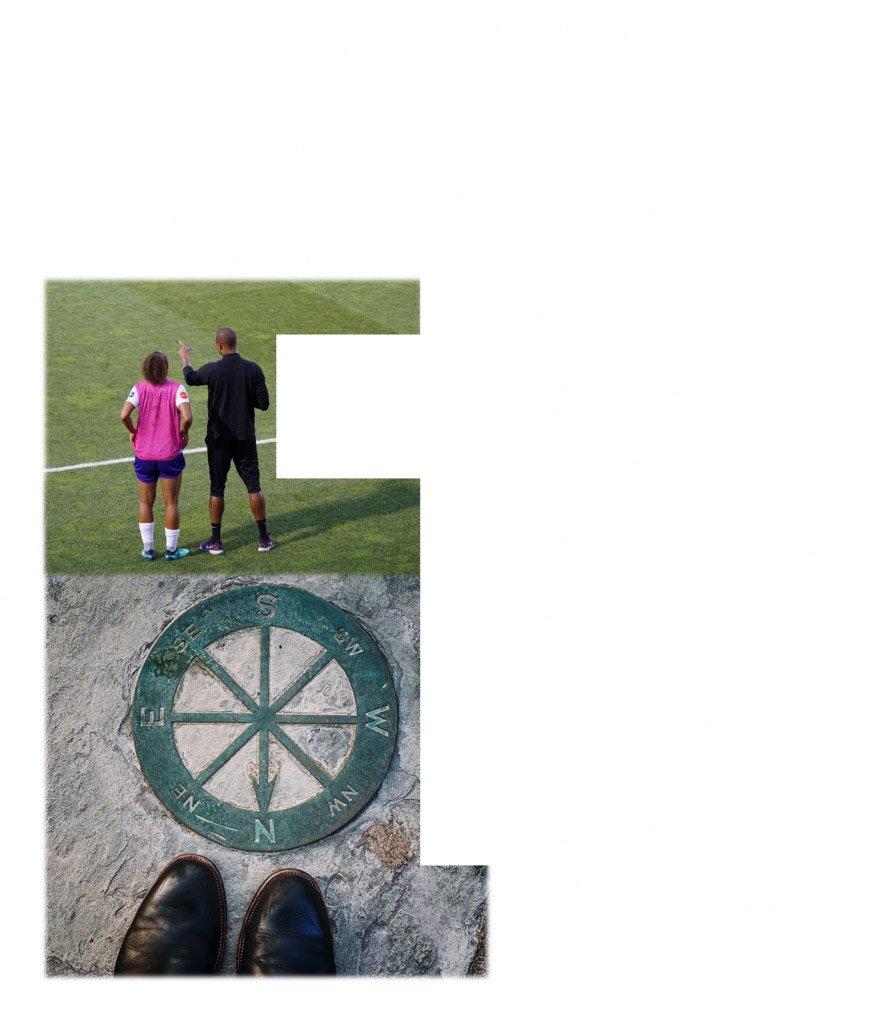 coach and player on soccer field; shoes near a compass