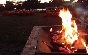 fire burning in a firepit in front of pumpkins on the church lawn