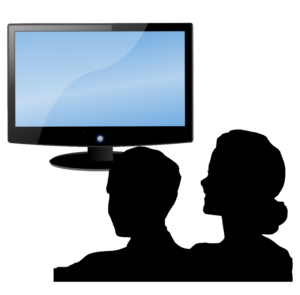 head and shoulder silhouettes of a man and woman in watching TV