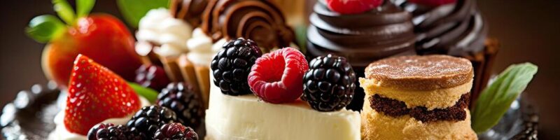 A silver tray holds lovely desserts topped with strawberries and raspberries