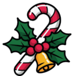 red and white candy cane with green holly leaves, red berries, and a gold bell attached in the middle